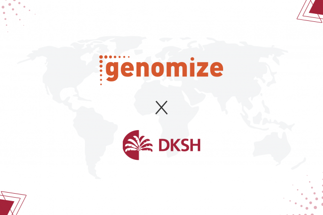 Genomize x DKSH he logos of Genomize and DKSH, separated by an 'x' to signify a partnership, set against a faint background of a world map.