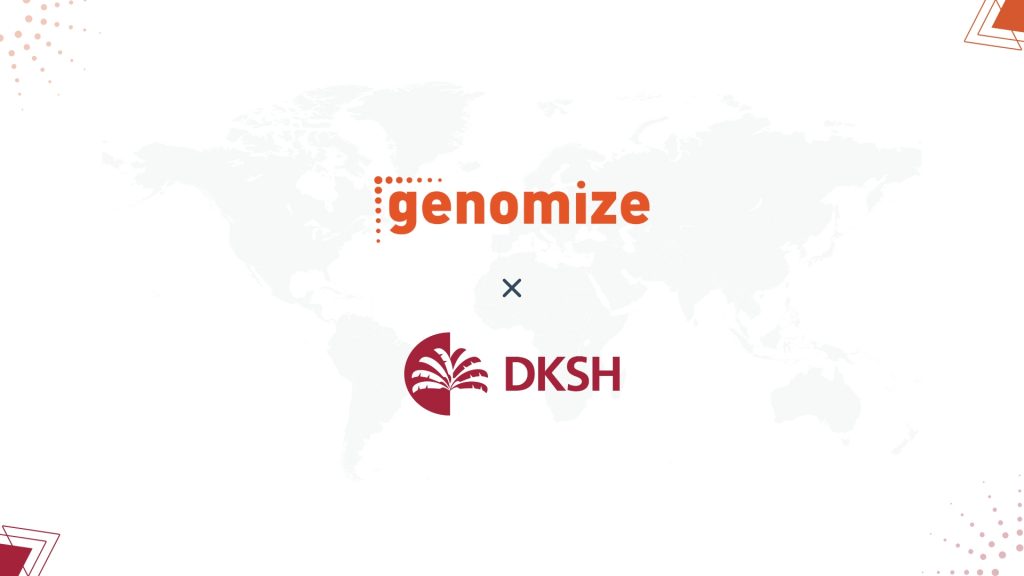 he logos of Genomize and DKSH, separated by an 'x' to signify a partnership, set against a faint background of a world map.