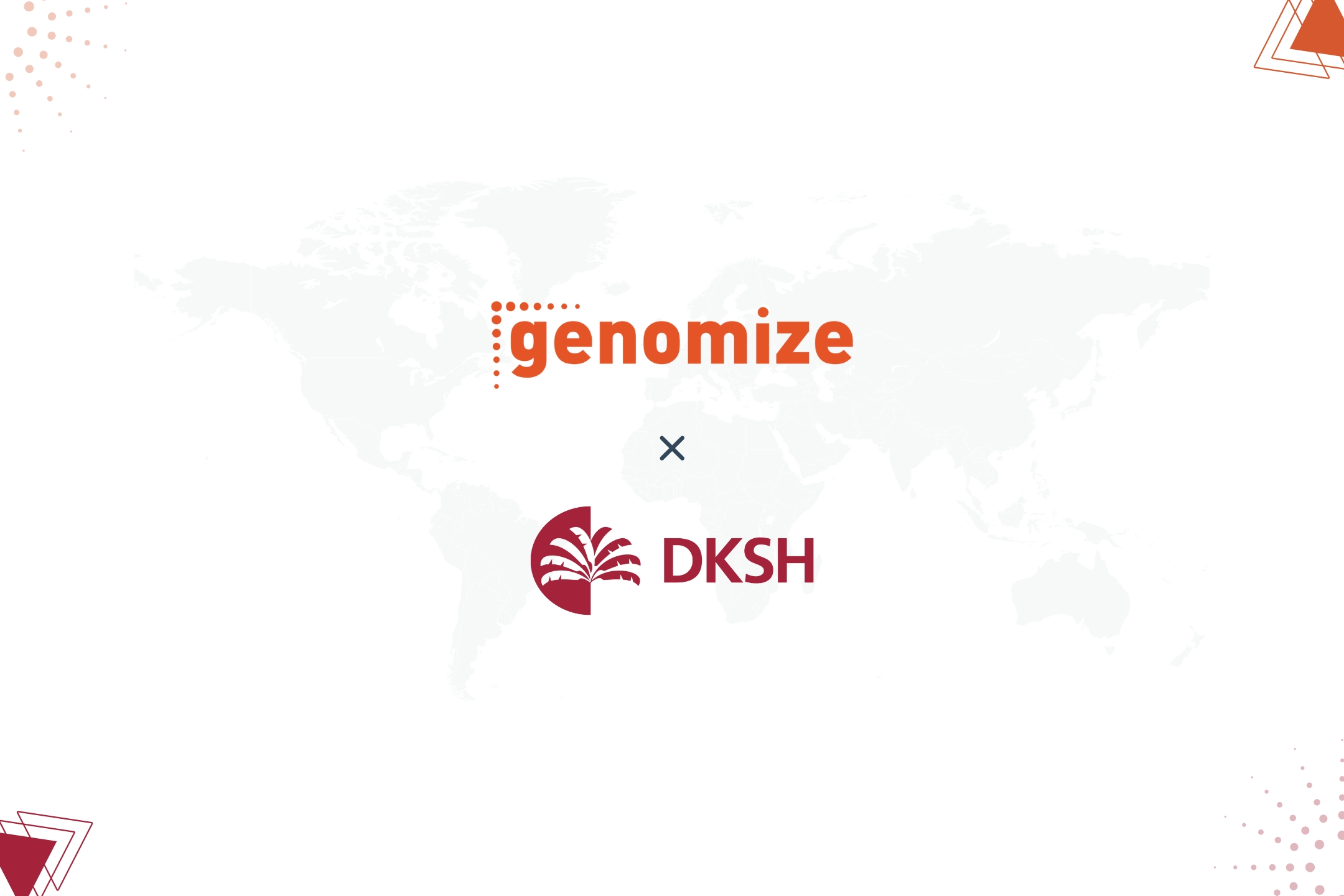 he logos of Genomize and DKSH, separated by an 'x' to signify a partnership, set against a faint background of a world map.