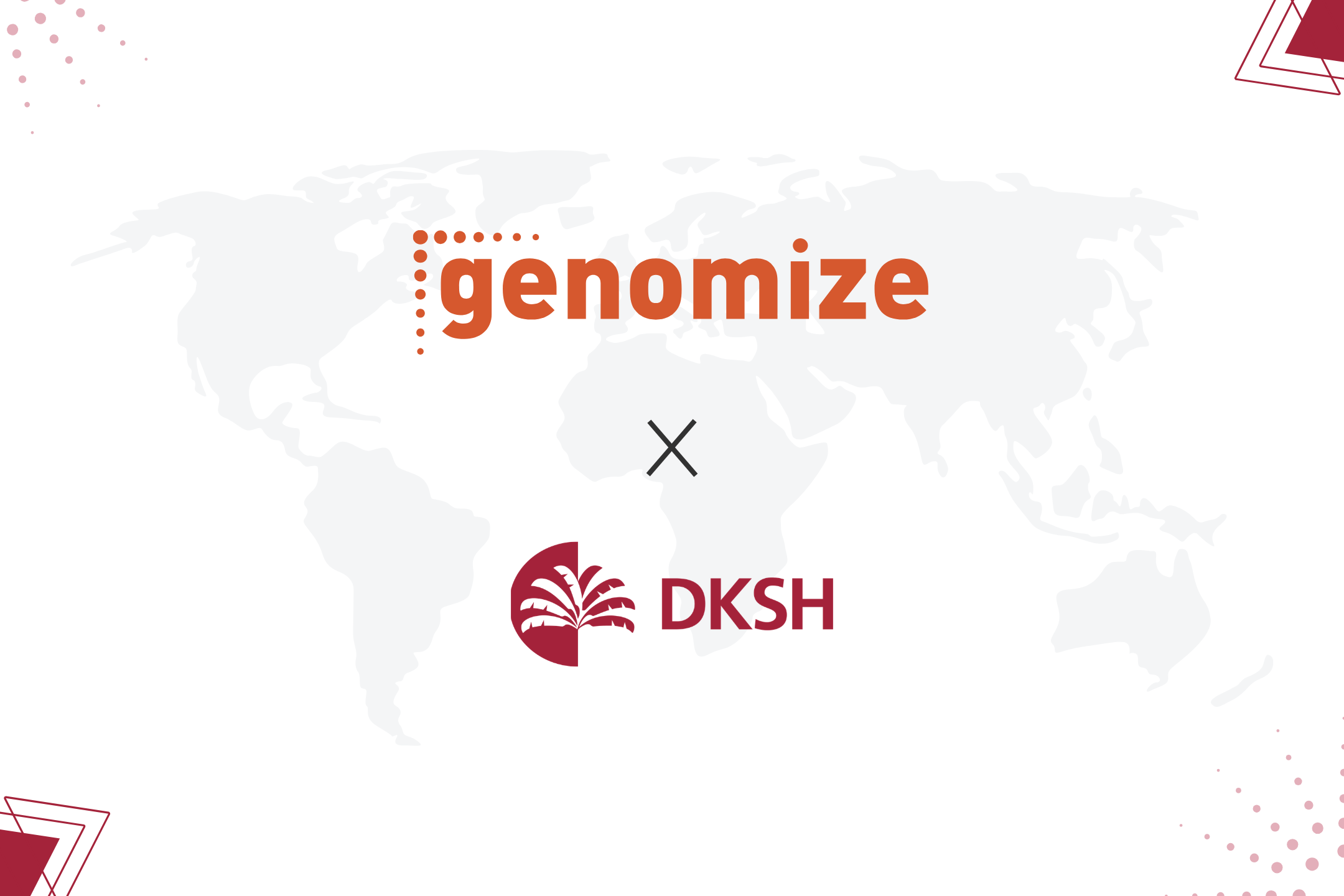 he logos of Genomize and DKSH, separated by an 'x' to signify a partnership, set against a faint background of a world map.