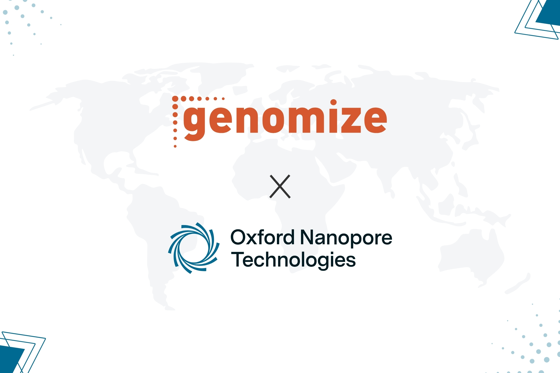 Genomize Logo on the upper side, 'x' in the middle, and Oxford Nanopore Technologies logo on the bottom site. There is a transparent globe image in the background.