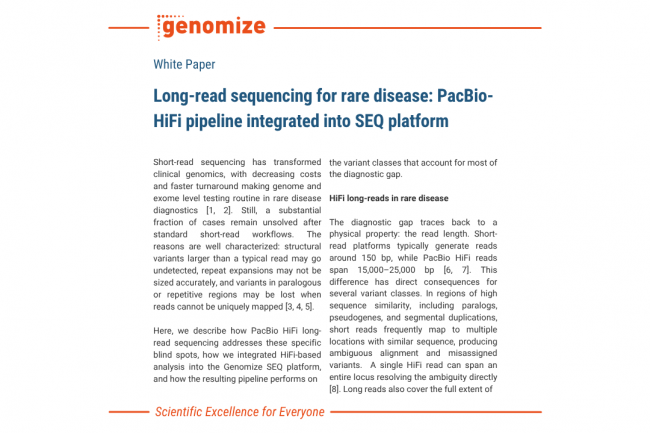 Promotional cover page for a Genomize white paper titled “Long-read sequencing for rare disease: PacBio HiFi pipeline integrated into SEQ platform.” The document features the Genomize logo and a two-column introduction discussing the limitations of short-read sequencing and the advantages of PacBio HiFi long-read technology for rare disease diagnostics. Topics highlighted include structural variants, repeat expansions, paralogous genomic regions, diagnostic yield, and integration of a HiFi-based analysis workflow into the SEQ Platform. The page is branded with Genomize’s tagline, “Scientific Excellence for Everyone.”